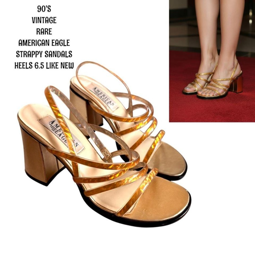 RARE 90'S VINTAGE AMERICAN EAGLE GOLD METALLIC STRAPPY HEELS SIZE 6.5 LIKE NEW.